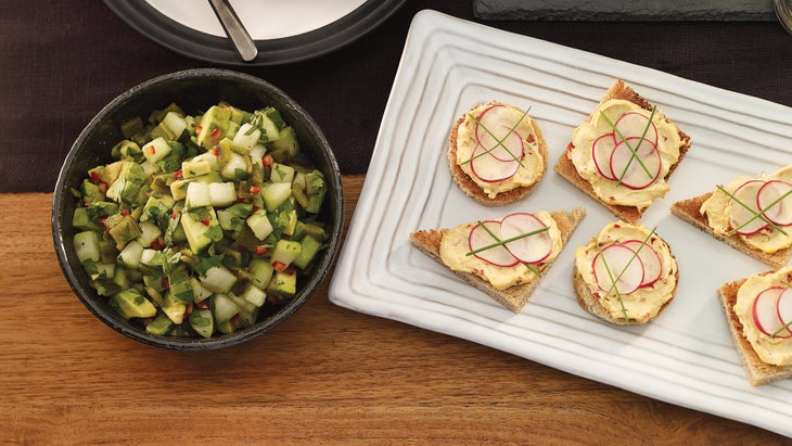 Poblano-Cucumber-Salsa-and-Harvest-Canapés-with-Chipotle-Cheese-Topping Poblano-Cucumber Salsa and Harvest Canapés with Chipotle Cheese Topping recipes