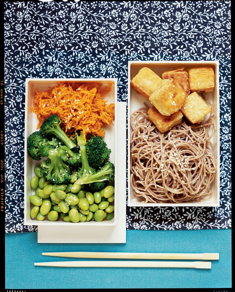 Stirfried Tofu Bento Box with Sesame Soba Noodles and GingerCarrot Broccoli Recipe