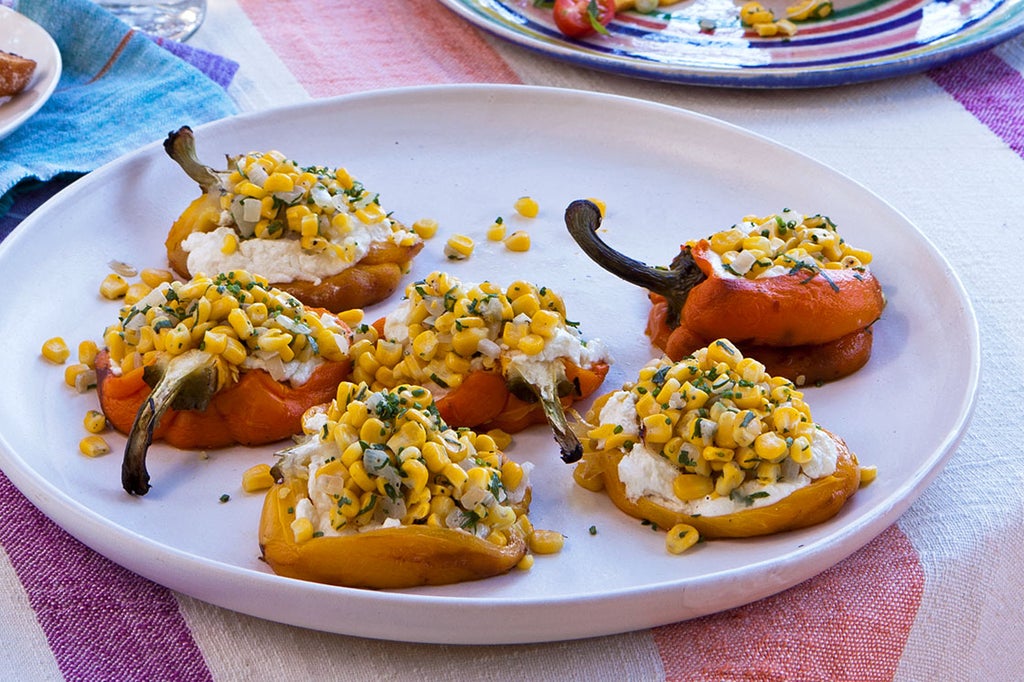 GrillRoasted Peppers with Goat Cheese and Sautéed Summer Corn Recipe