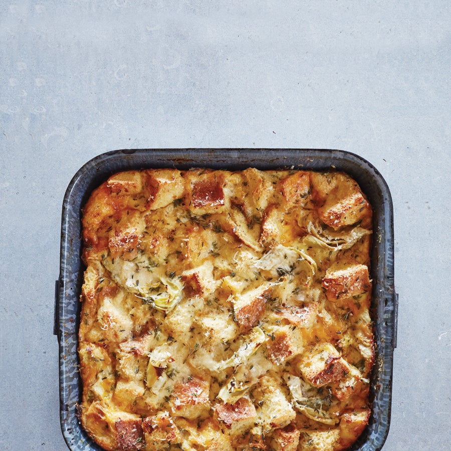 Savory Bread Pudding with Artichokes and Two Cheeses