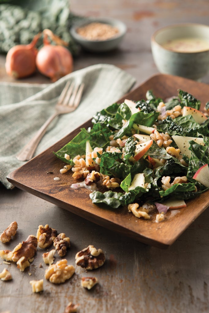 Farro and Dinosaur Kale Salad with Coconut Milk Shallot Dressing Recipe