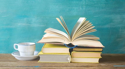 opened book, cup of coffee, panorama, good copy space