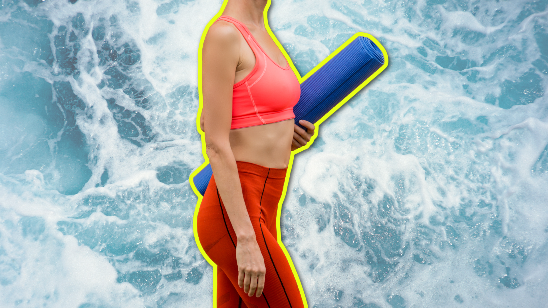 sustainable activewear illustration featuring workout clothes on an ocean background
