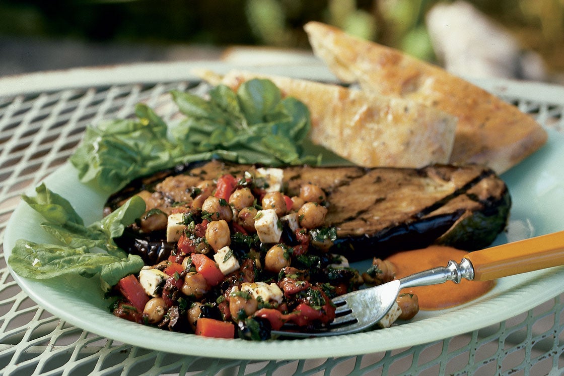 Eggplant Steak with Chickpeas, Roasted Red Peppers, Feta Cheese and Black Olives-image