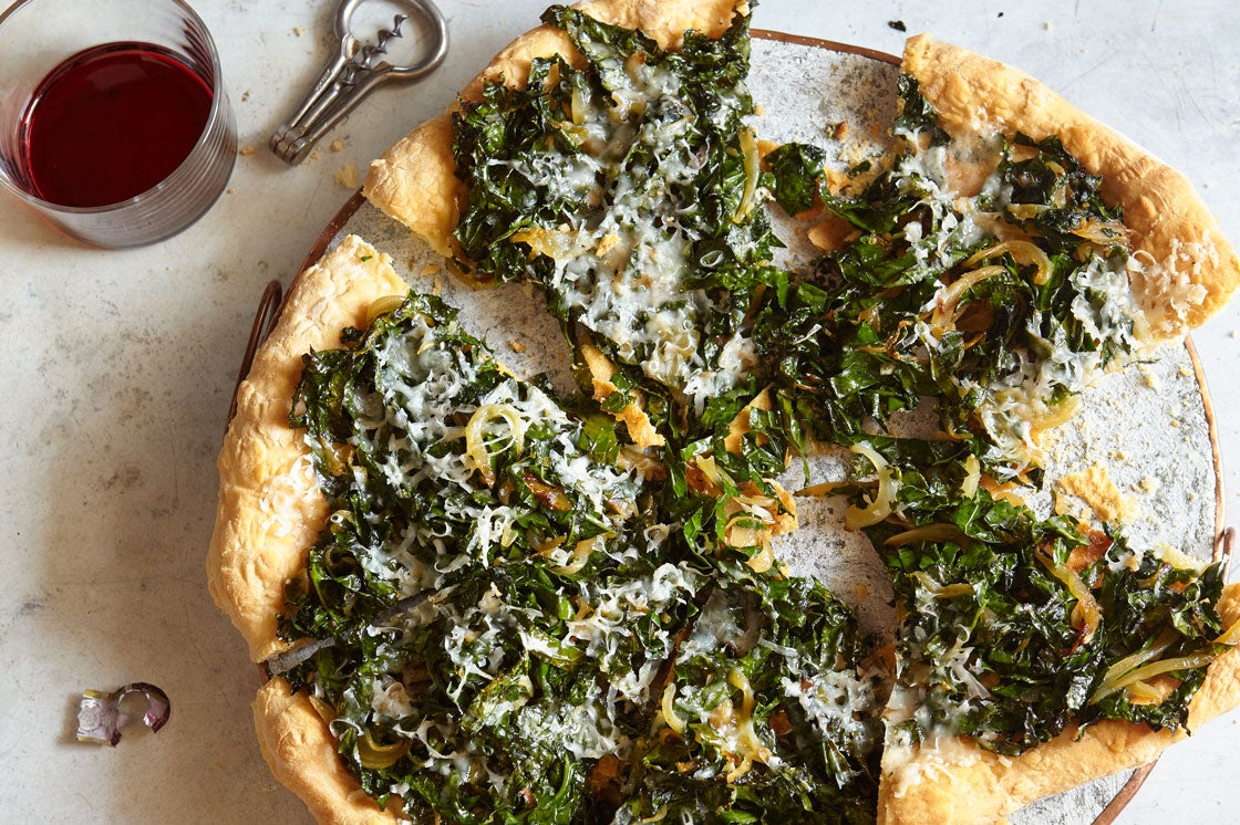 Kale, Caramelized Onion, and Parmesan Pizza-image